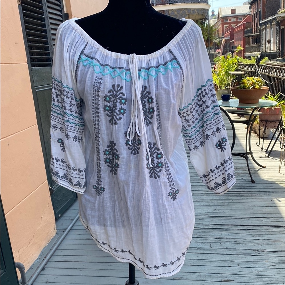 Embroidered White and Blue Women's Top